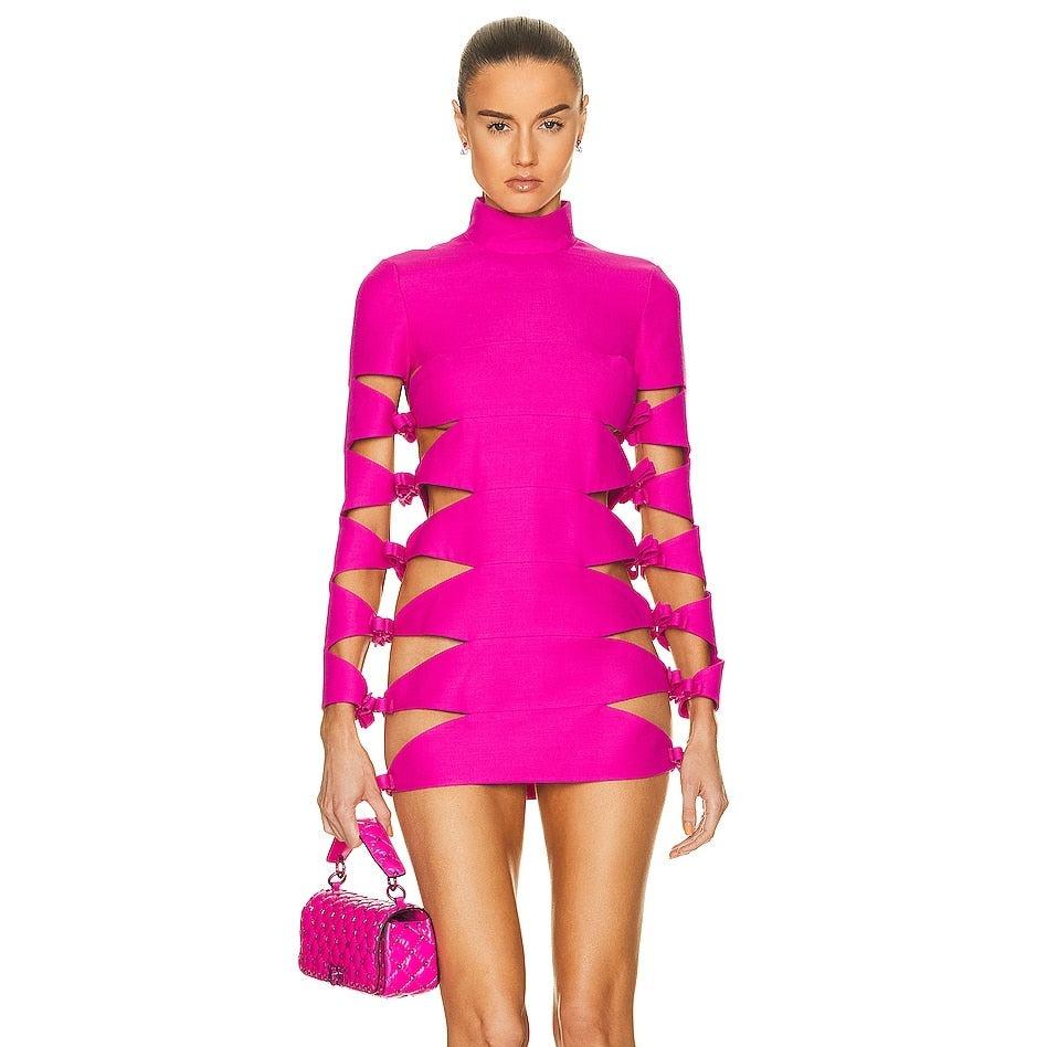 Long Sleeve Turtleneck Side Cut Out Bow Detail Bodycon Mini Dress