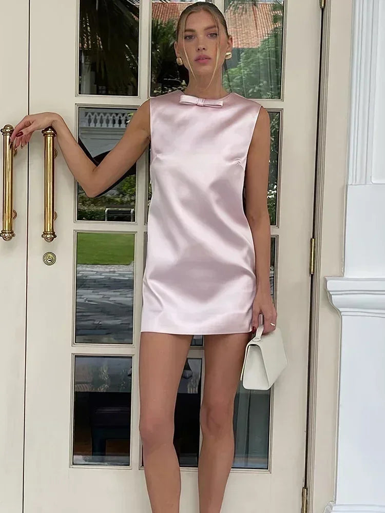 Satin Deep V-Back Bow Detail Wide Strap Shift Cocktail Mini Dress