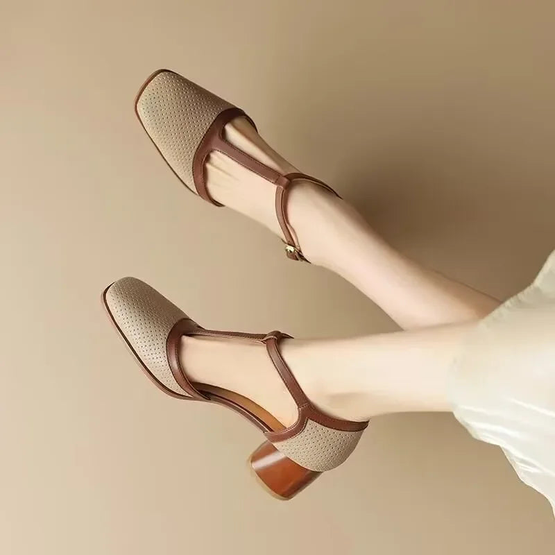 Perforated Square Toe T-Strap Block Heel Pumps
