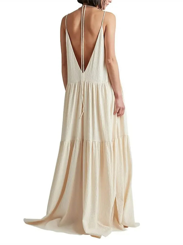 Spaghetti Strap Deep V-Neck Tiered Gauze Crinkle Texture Flowy Maxi Summer Dress