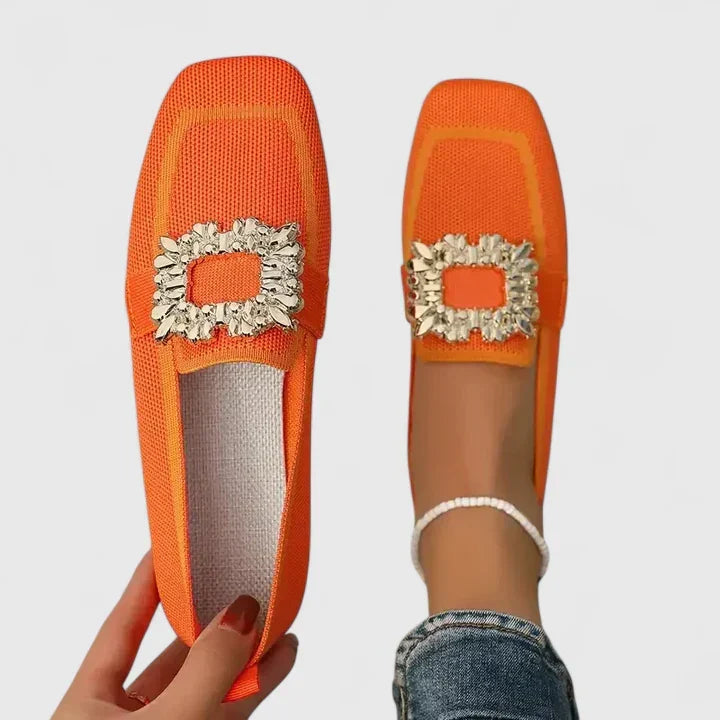 Round Toe Crystal Buckle Knit Flat Loafers