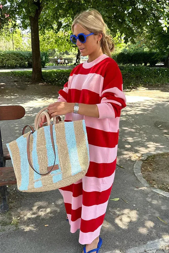 Striped Knit Crew Neck Long Sleeve Oversized Midi Dress