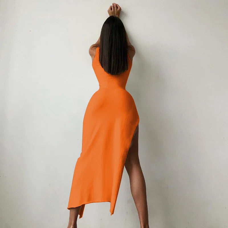 Ribbed Knit Turtleneck Sleeveless High Split Bodycon Maxi Dress