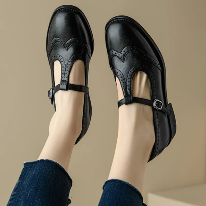 Round Toe Brogue T-Strap Buckle Mary Jane Flats