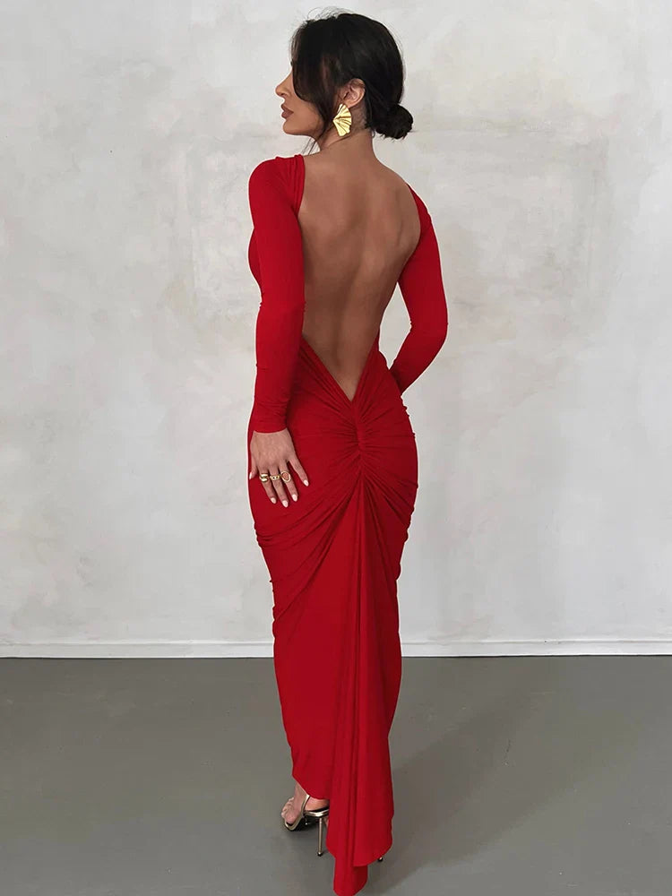 Draped Backless Long Sleeve Maxi Dress