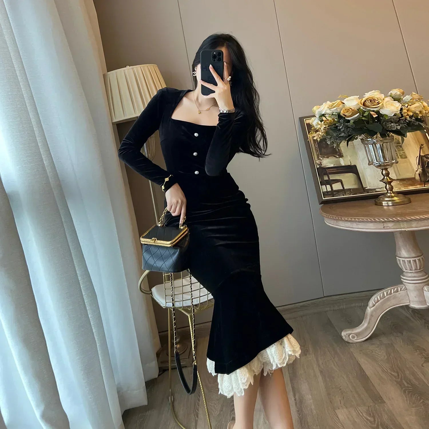 Velvet Square Neck Long Sleeve Pearl Button Lace Trim Tiered Midi Dress