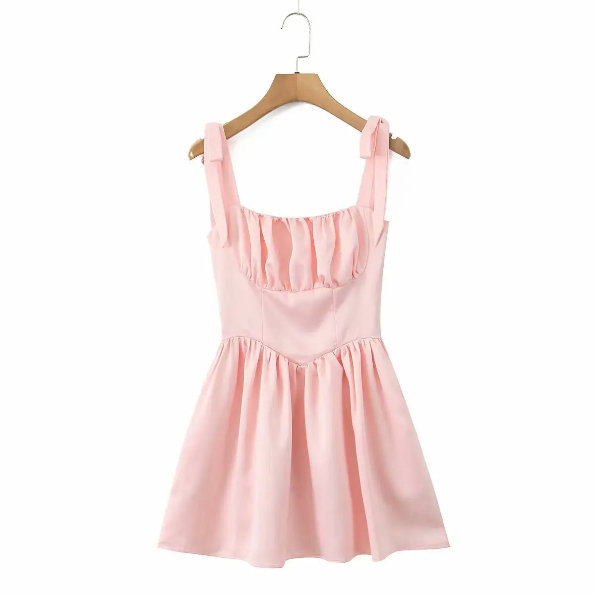 2025 Pleated Design Tie up Sleeveless Summer Dresses Women Solid Color Slim Fit Mini Dress Simple Fashion Party Dress