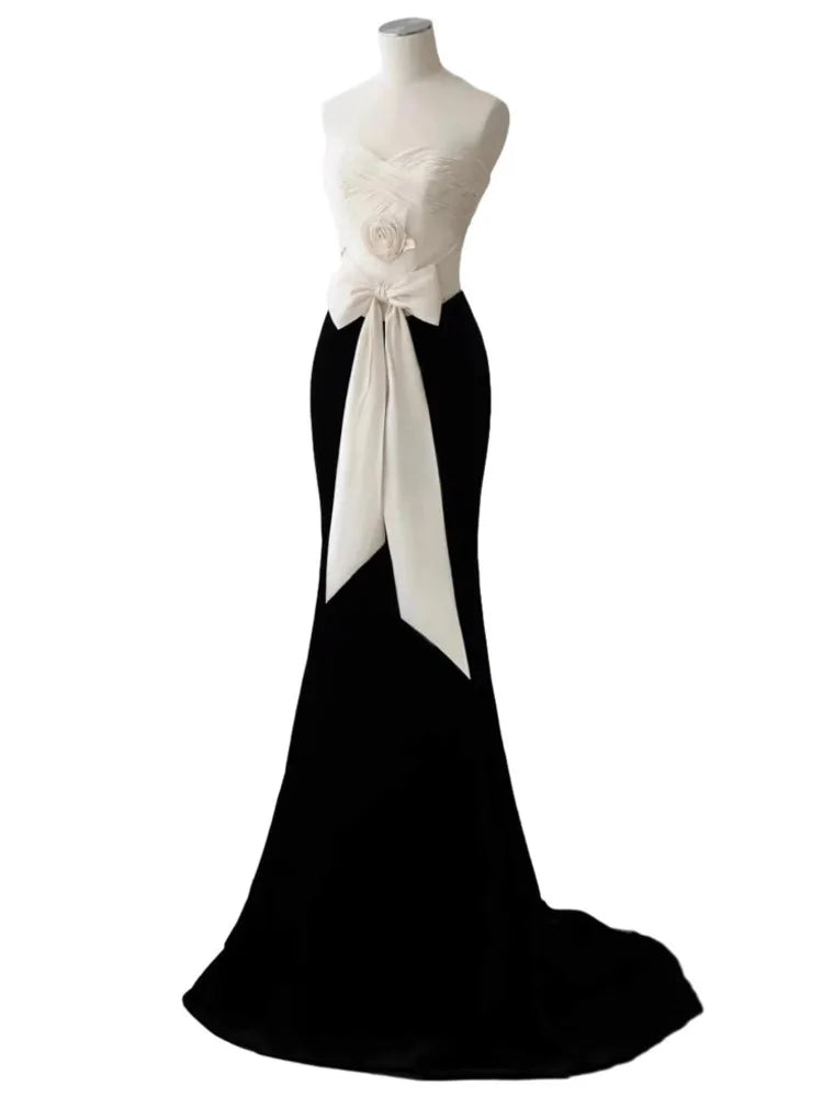 Velvet Strapless Sweetheart Bow Waist Patchwork Mermaid Maxi Gown