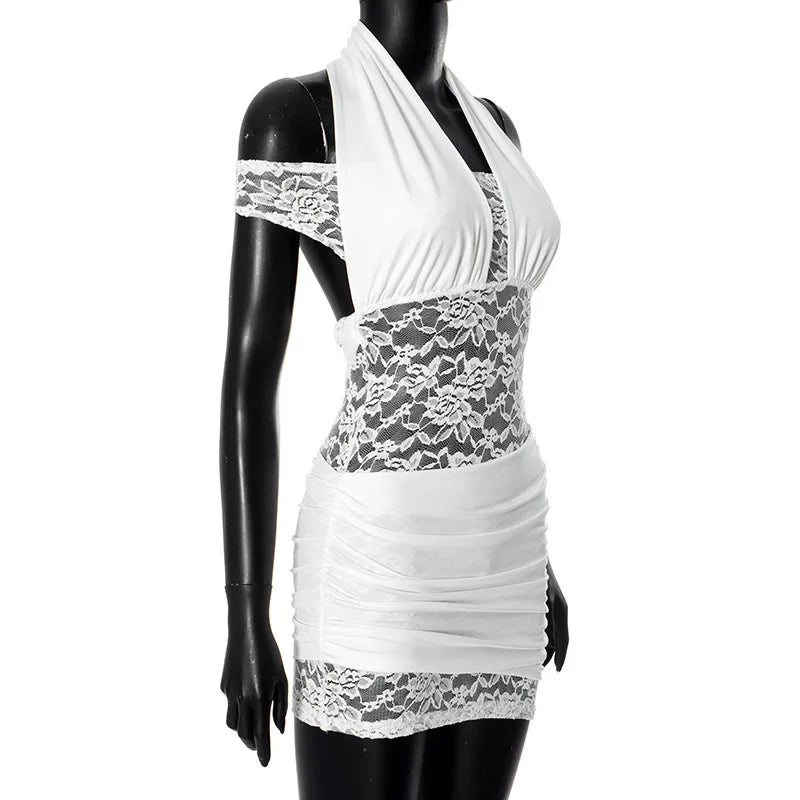 Lace Halter Neck Off Shoulder Ruched Bodycon Mini Dress
