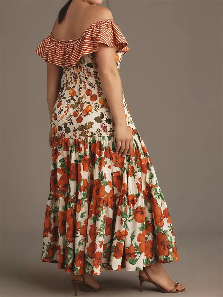 Slash Neck Ruffle Cocktail Floral Dress - View 3