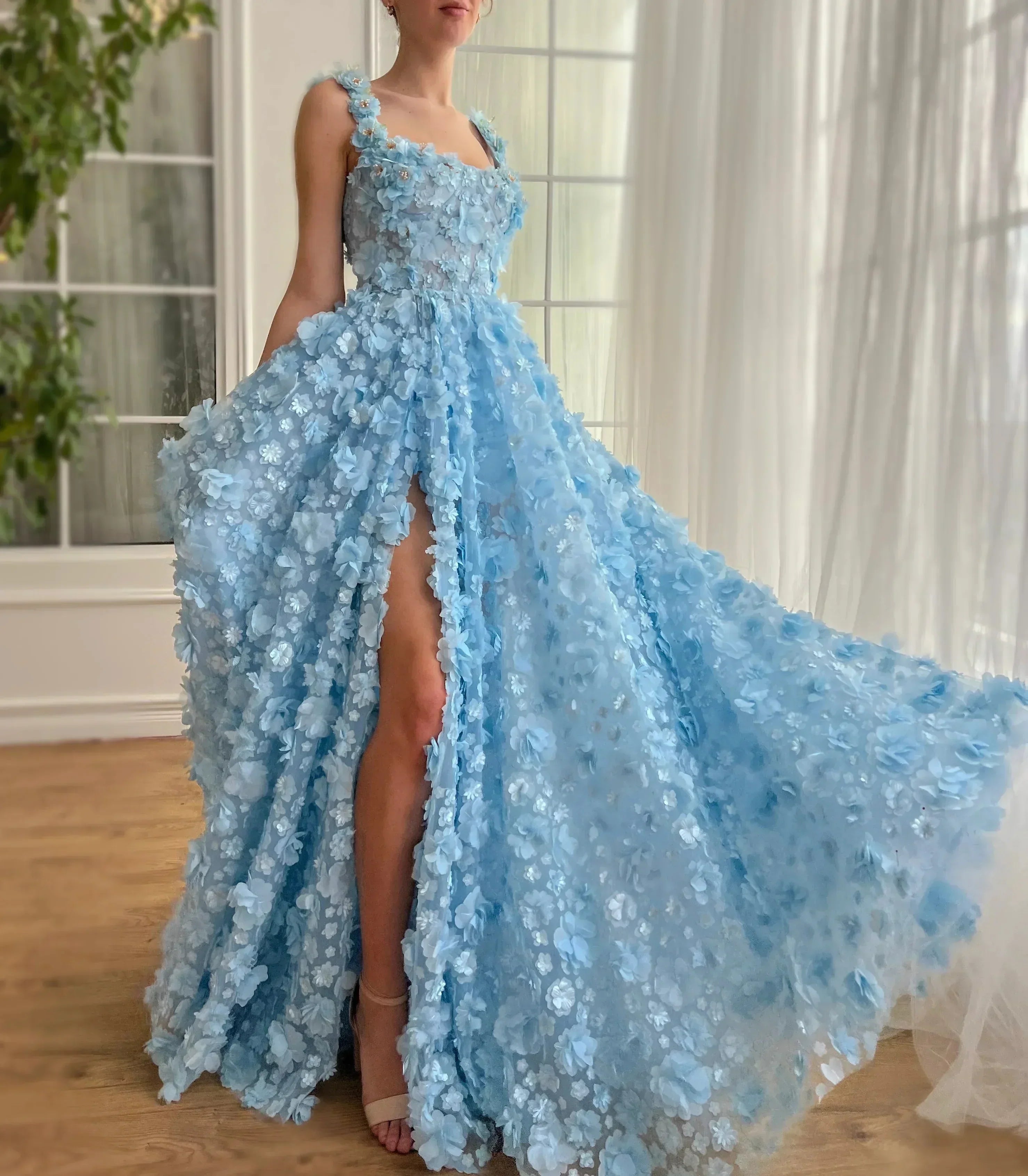 3D Floral Applique Square Neck High Split Tulle A-Line Gown