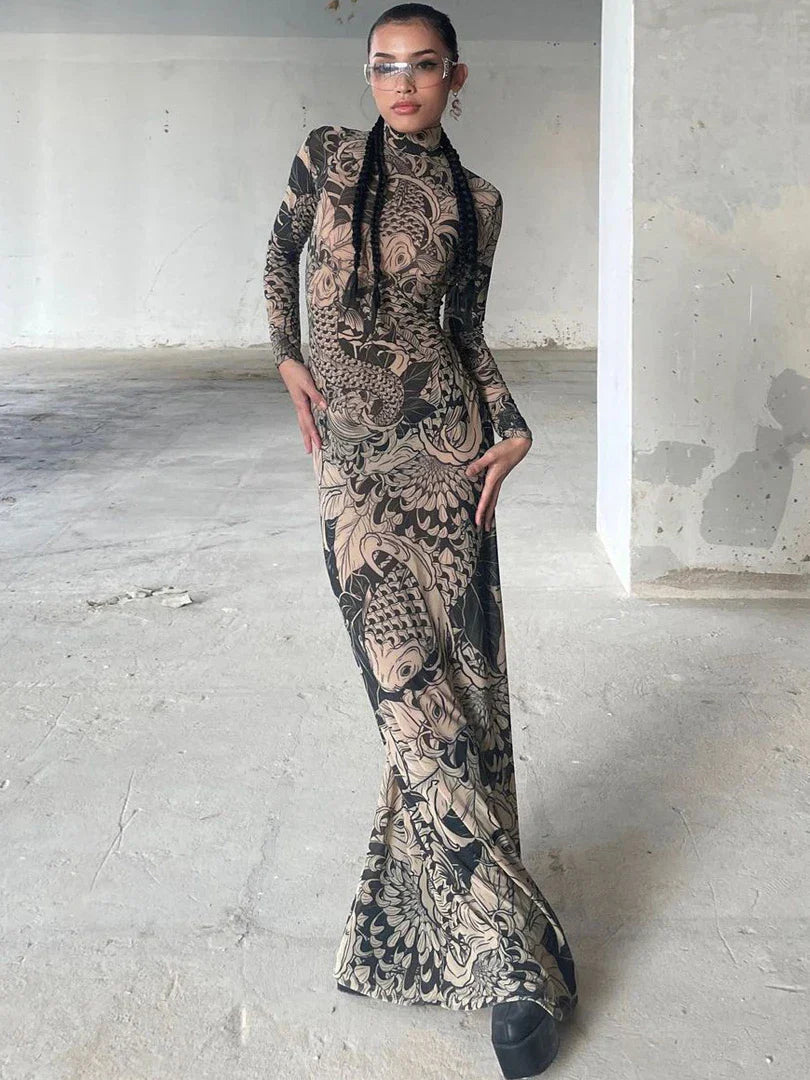 Graphic Turtleneck Long Sleeve Maxi Dress