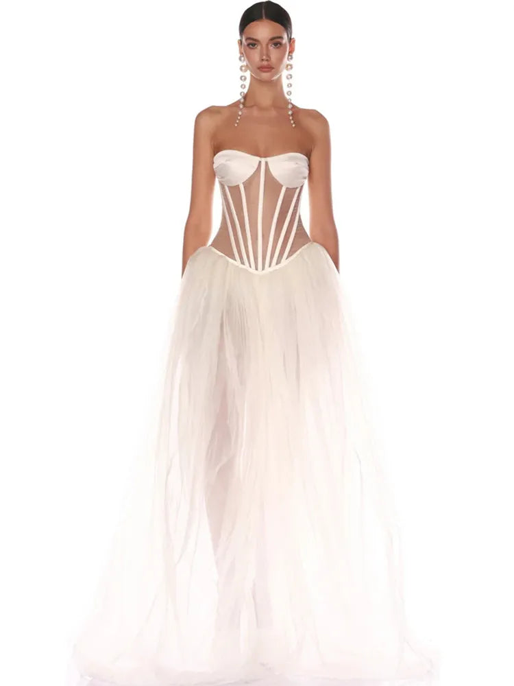 Strapless Satin Bust Sheer Mesh Corset Tulle A-Line Maxi Gown