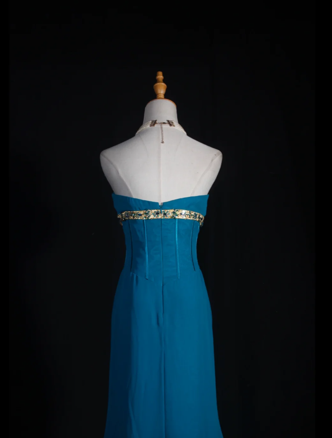 Elegant Blue-green Strapless Chiffon Layered Mermaid Long Evening Dress Formal Wedding Guest Dress With Beads