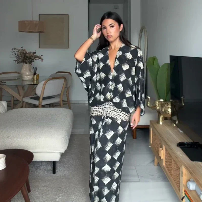 Checkerboard Print Kimono Sleeve Top and Wide Leg Pants Two Piece Set