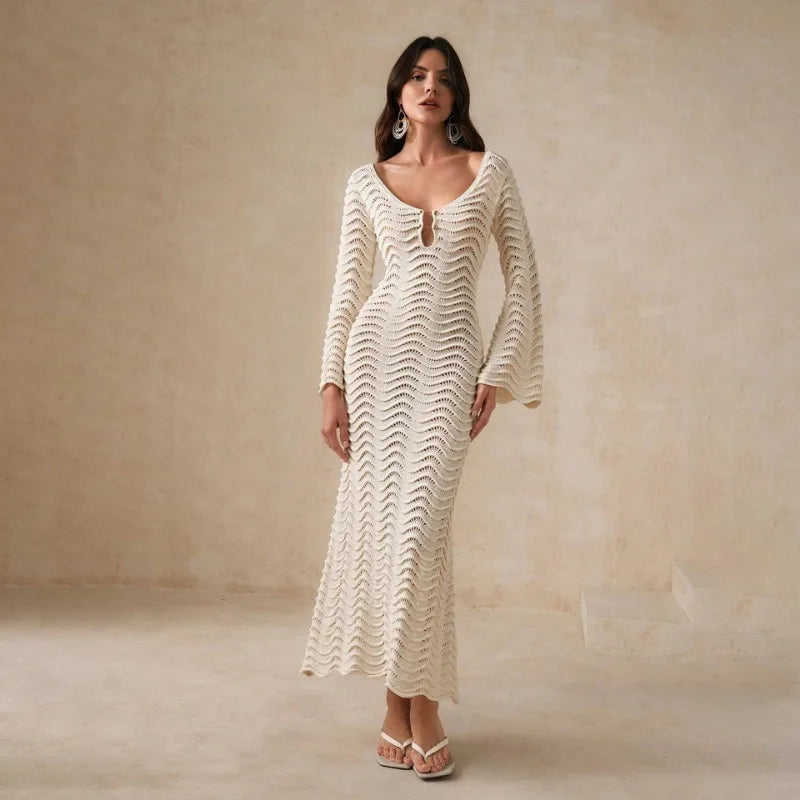 Open Knit Bell Sleeve Keyhole Metal Bar Back Tie Maxi Dress