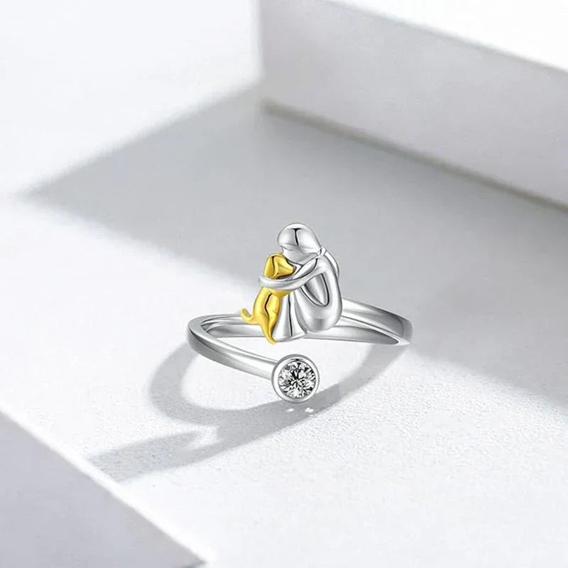 Two Tone Dog Hug Cubic Zirconia Open Adjustable Ring