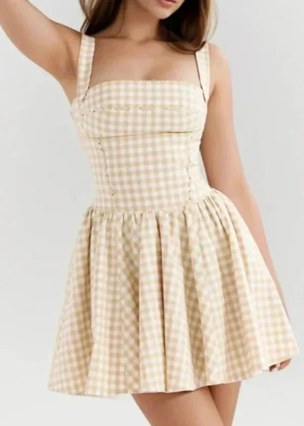 Gingham Print Square Neck Corset Paneled Pleated Fit and Flare Mini Dress