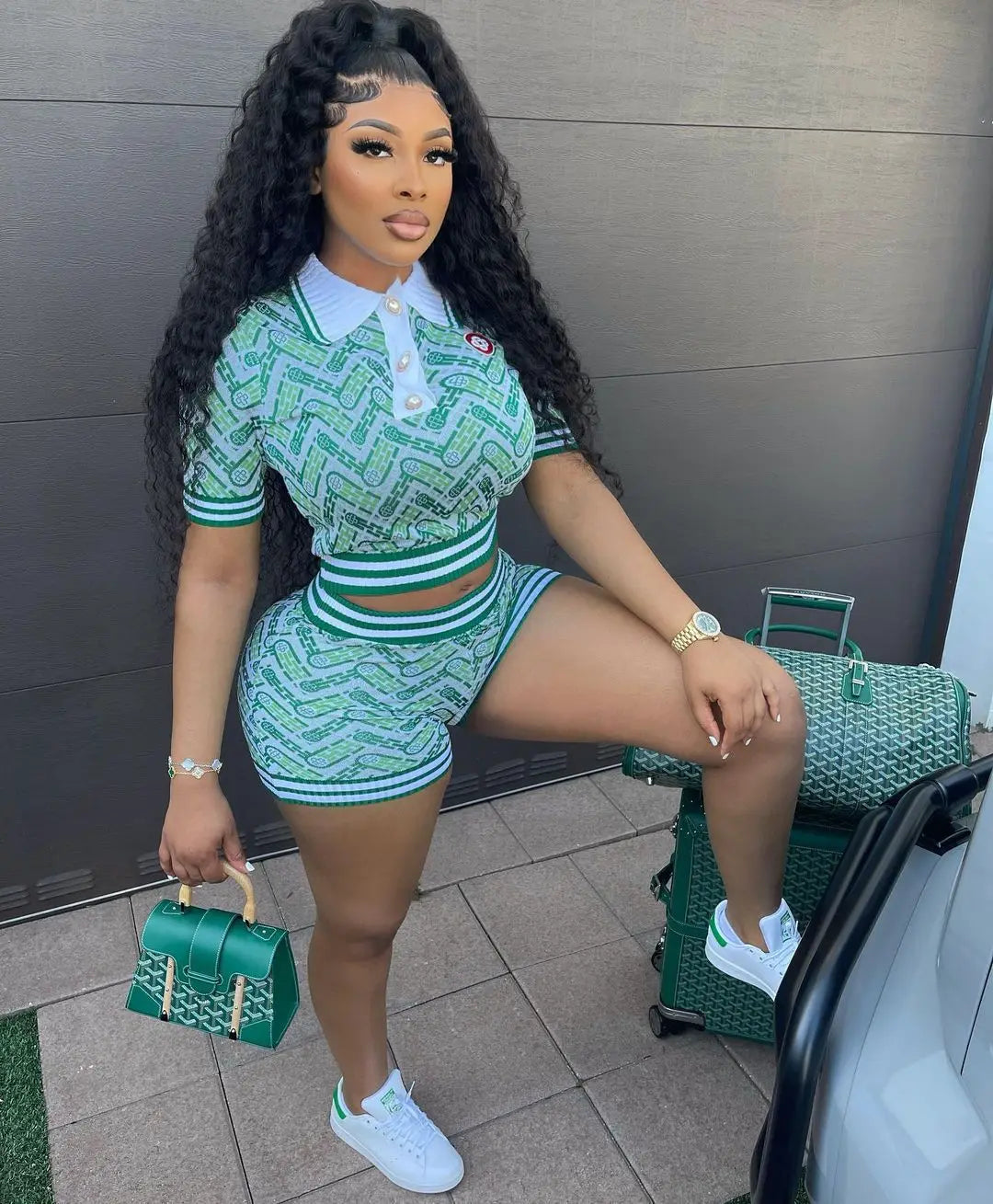 Digital Print Turn Down Collar Top Two Piece Shorts Set