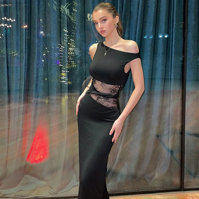 Asymmetric Neck Cap Sleeve Lace Waist Panel Bodycon Maxi Dress 25
