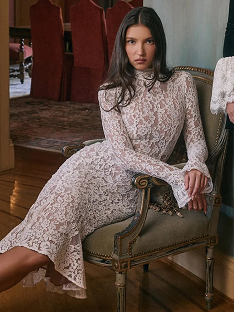 Floral Lace Mock Neck Long Sleeve Scalloped Cuff Bodycon Gown