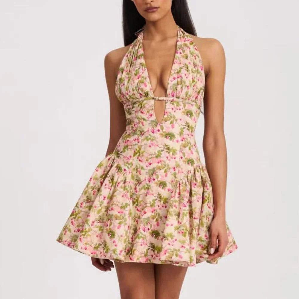 Animal Print Halter Deep V-Neck Fit and Flare Mini Dress