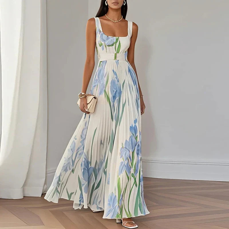 Floral Square Neck Sleeveless Pleated A-Line Maxi Dress