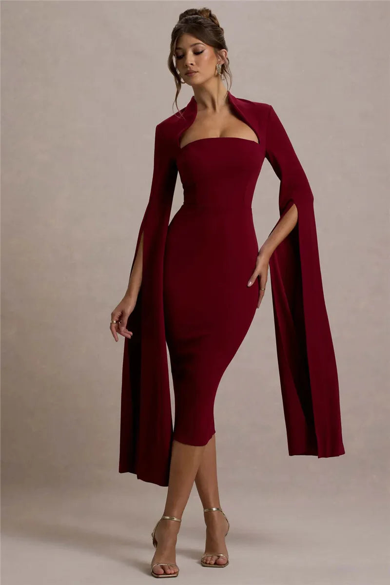 Cape Long Sleeve Square Collar Midi Dress