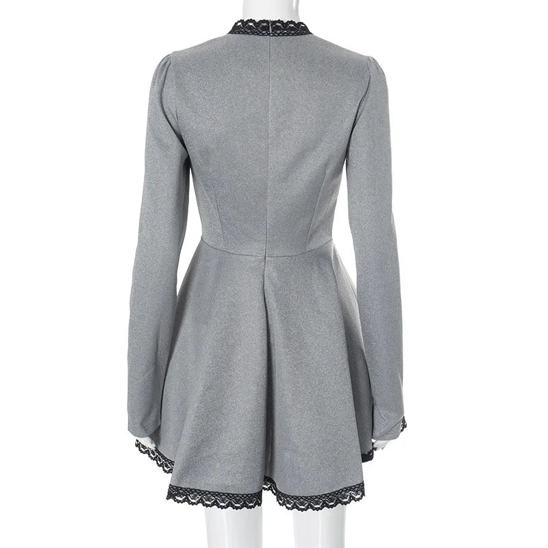 Patchwork Gray Long Sleeve A - line Mini Dress