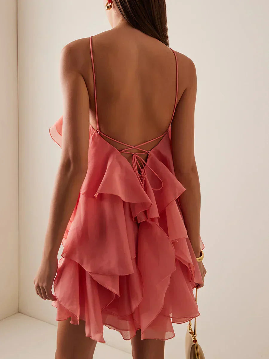 Halter Neck 3D Rosette Tiered Ruffle Organza Mini Dress