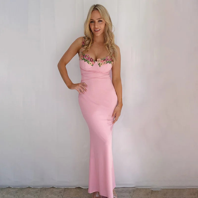 Floral Applique Strap Bustier Lace Up Waist Bodycon Dress 4