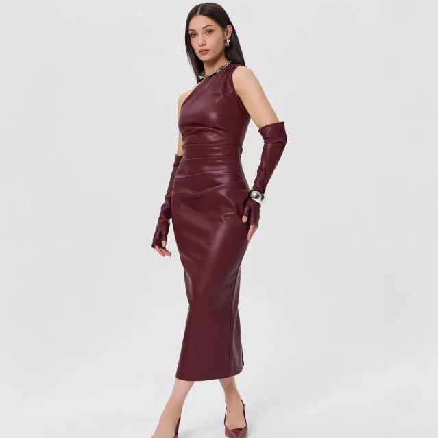 Off - Shoulder Strapless Faux Leather Patchwork Dress