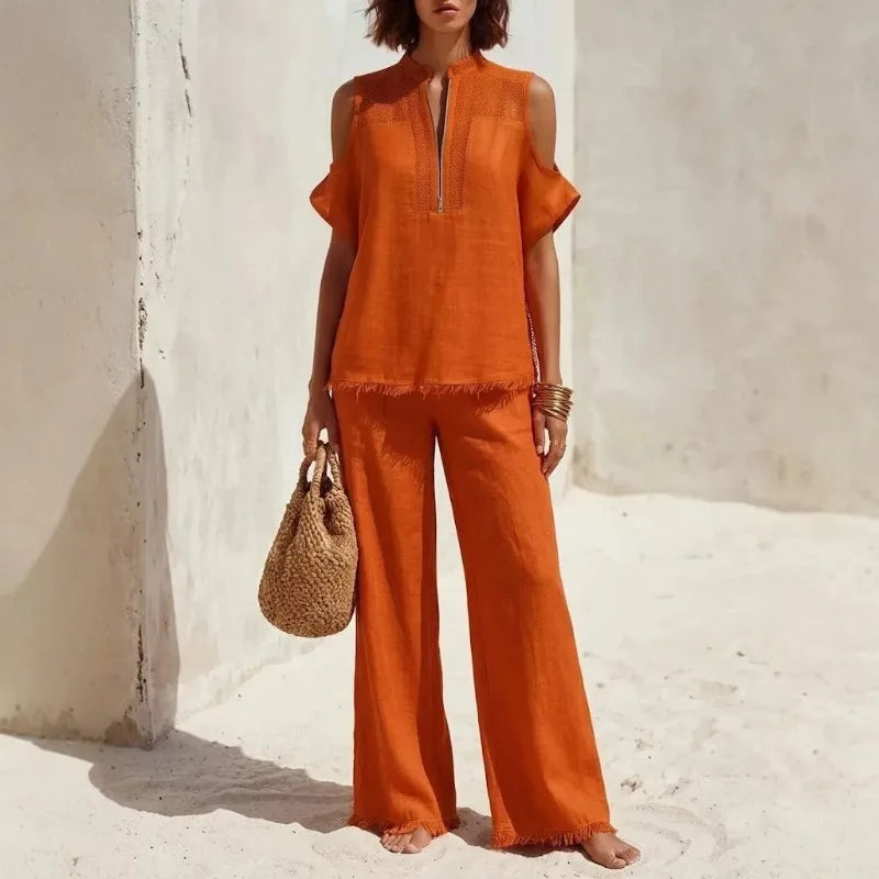 Cold Shoulder Quarter Zip Top and Fringe Hem Wide Leg Pants Two Piece Set
