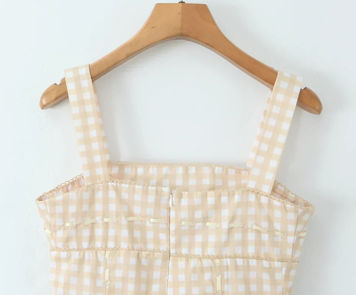 Gingham Print Square Neck Corset Paneled Pleated Fit and Flare Mini Dress