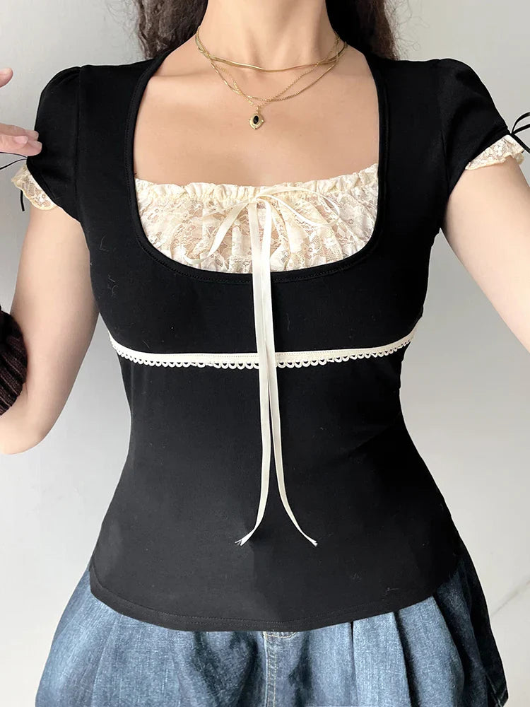 Contrast Lace Patchwork Y2K Black Crop Top