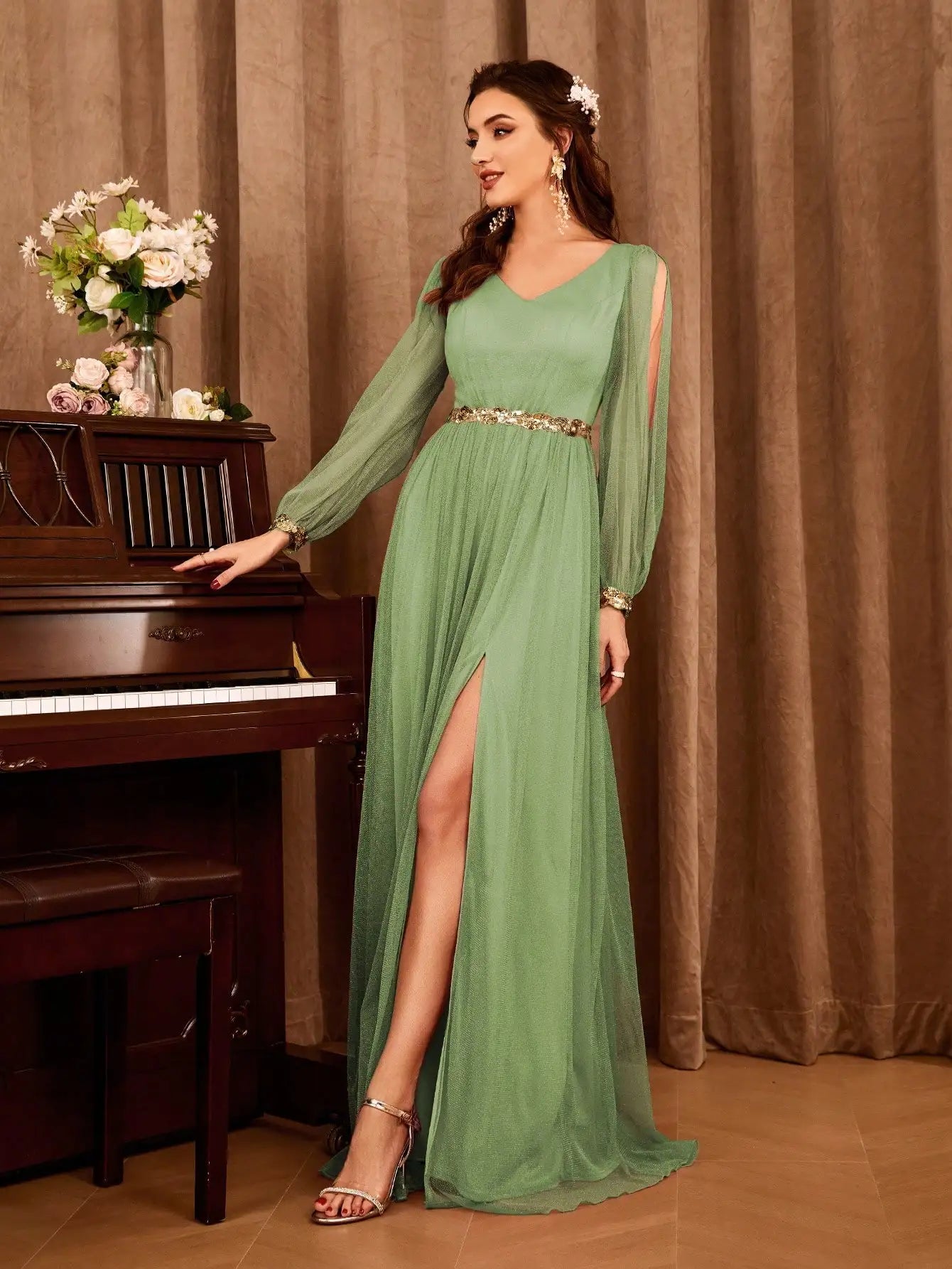 Gauze Applique Slit V-neck Maxi Dress - View 4