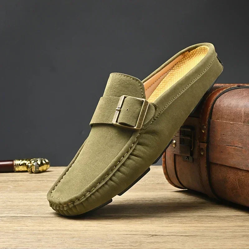 Suede-Look Buckle Backless Loafer Mules
