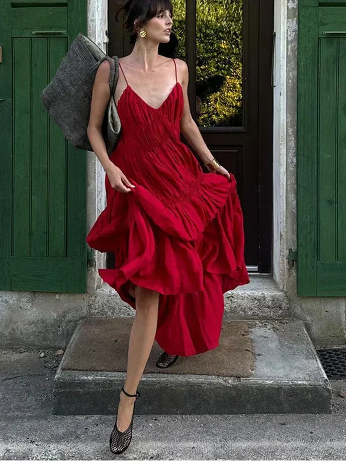 Sling A - line Sleeveless Deep V - neck Dress