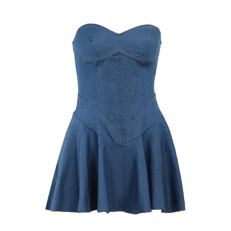 Strapless Denim Corset Sweetheart Pleated Ruffle Mini Dress
