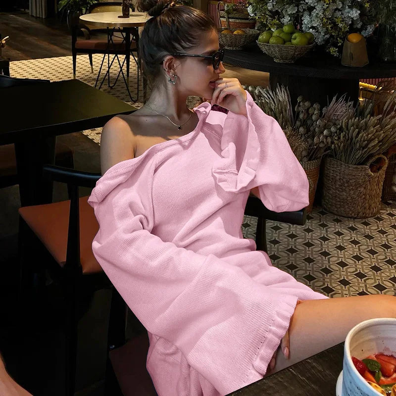 Rib Knit Deep V-Neck Bell Sleeve Bodycon Midi Dress