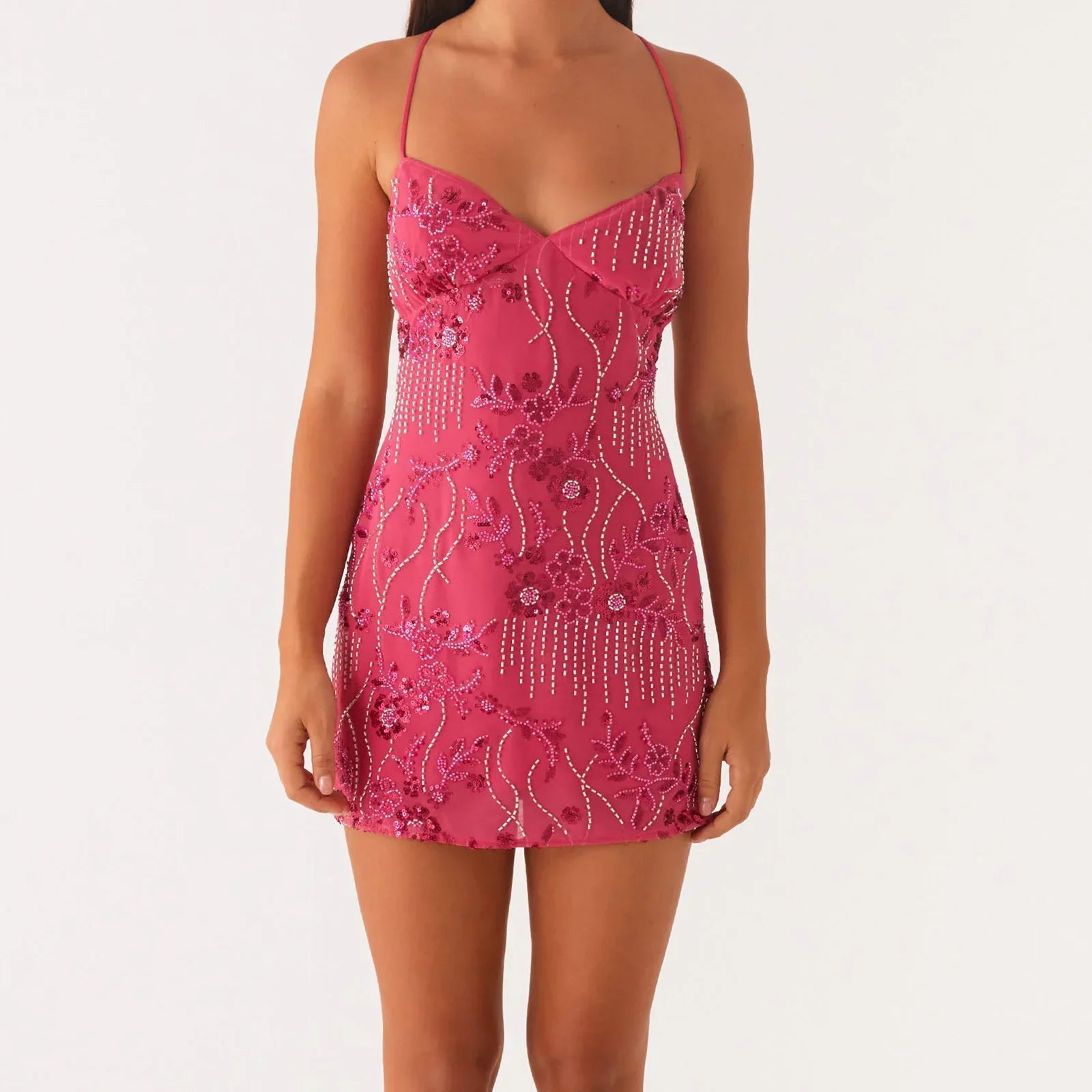 Floral Beaded Sweetheart Backless Bodycon Mini Dress