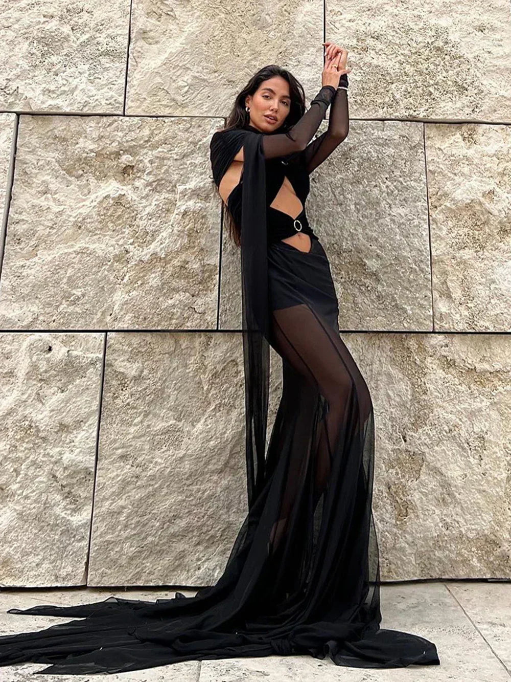 Off The Shoulder Mesh Folded Scarf Maxi Dress - View 2