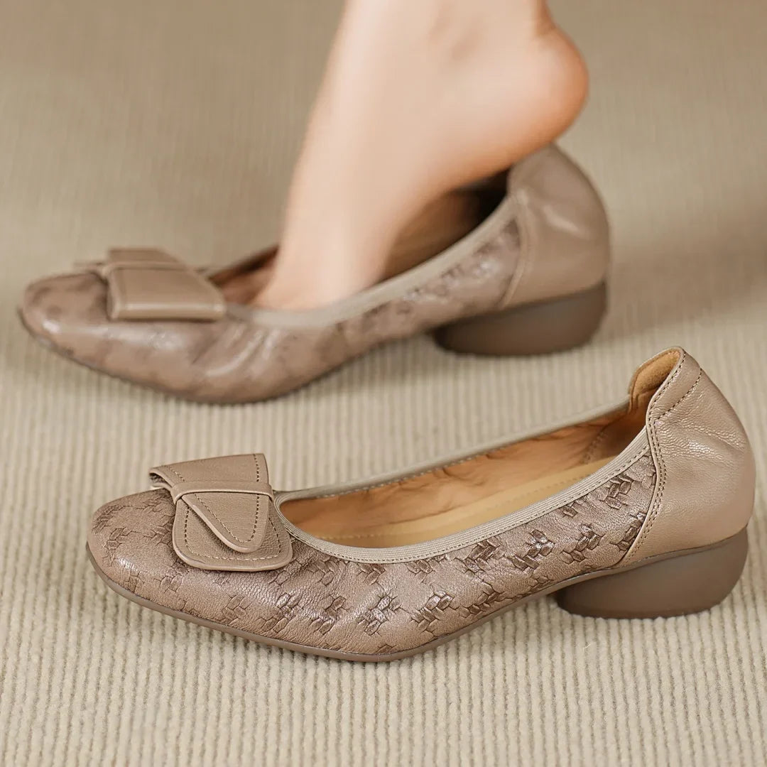 Textured Buckle Detail Low Block Heel Ballet Flats