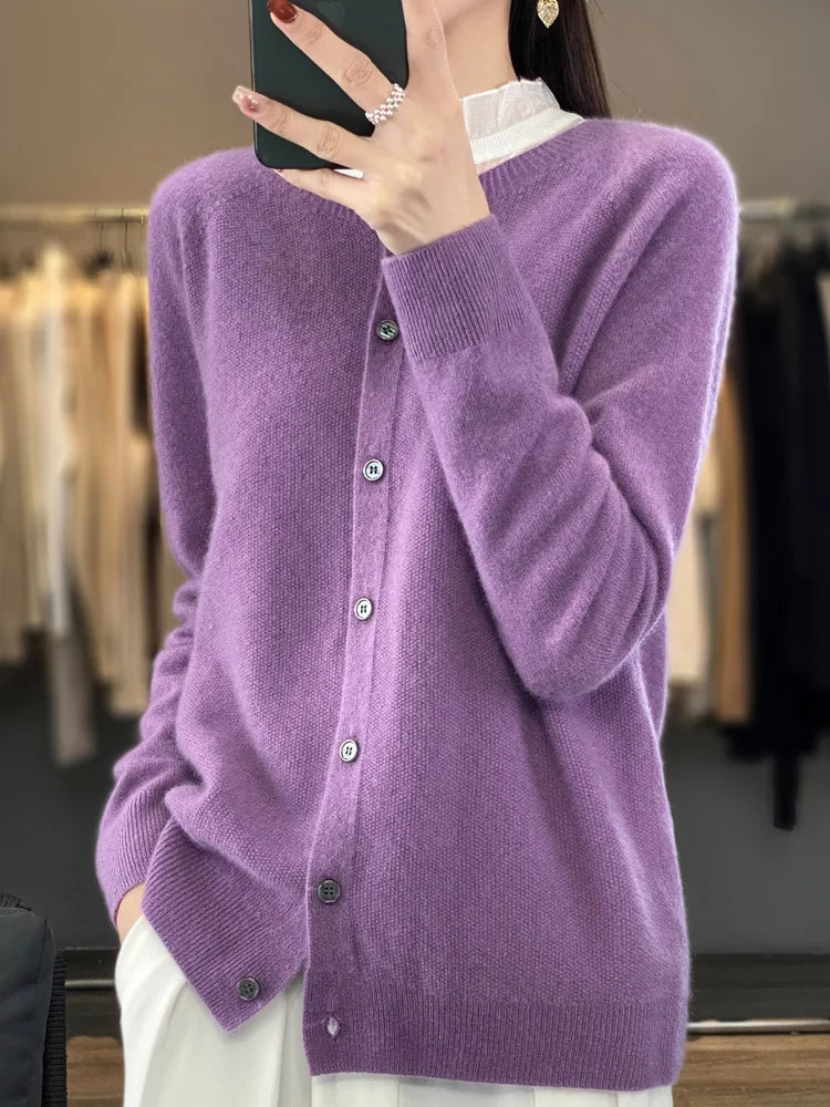 Crew Neck Button Front Long Sleeve Knit Cardigan