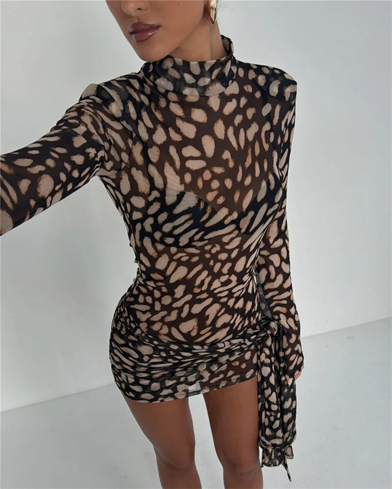 Leopard Print Sheer Mesh Mock Neck Long Sleeve Side Tie Mini Dress 2