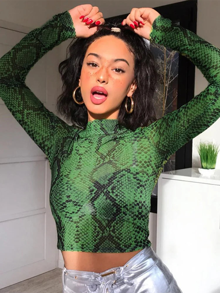 Casual Green Snake Print Mesh Sheer Top