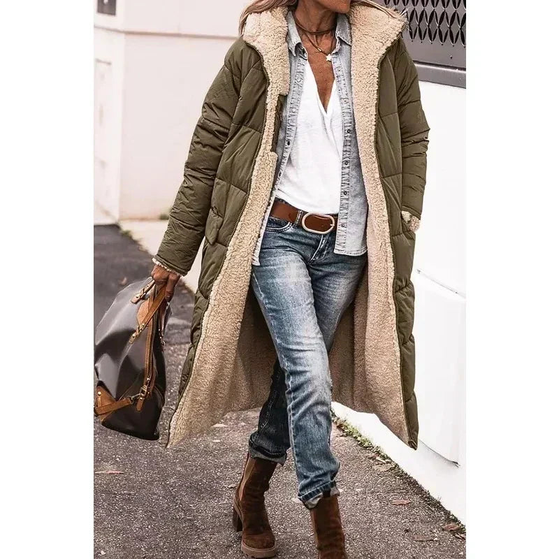 Hooded Sherpa Lined Longline Quilted Coat