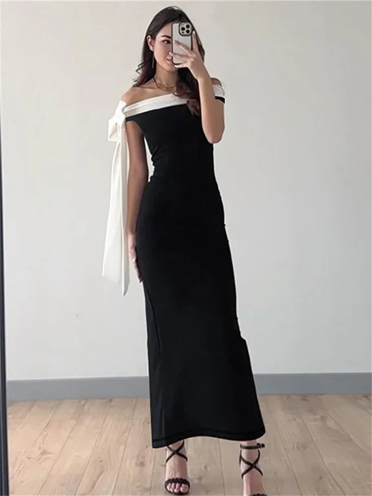 Contrast Trim Off Shoulder Bow Sash Bodycon Midi Dress 5