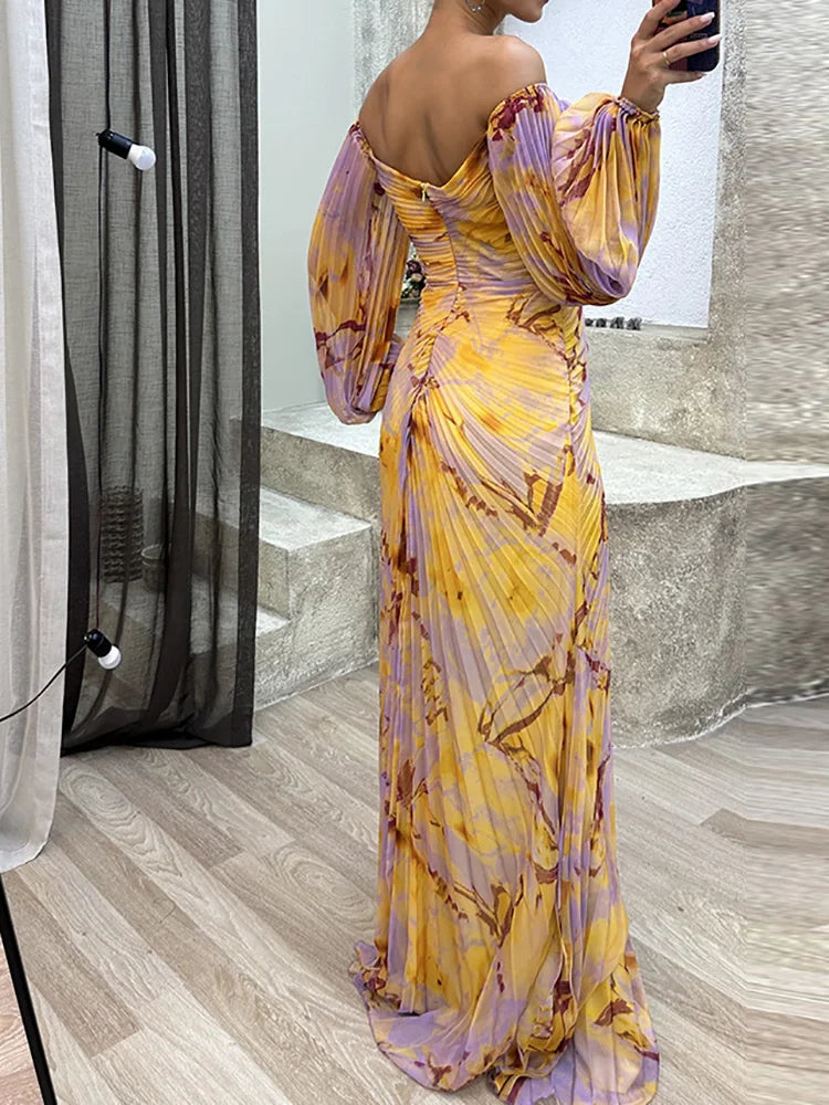 Floral Chiffon Off Shoulder Bishop Sleeve Pleated Maxi Gown