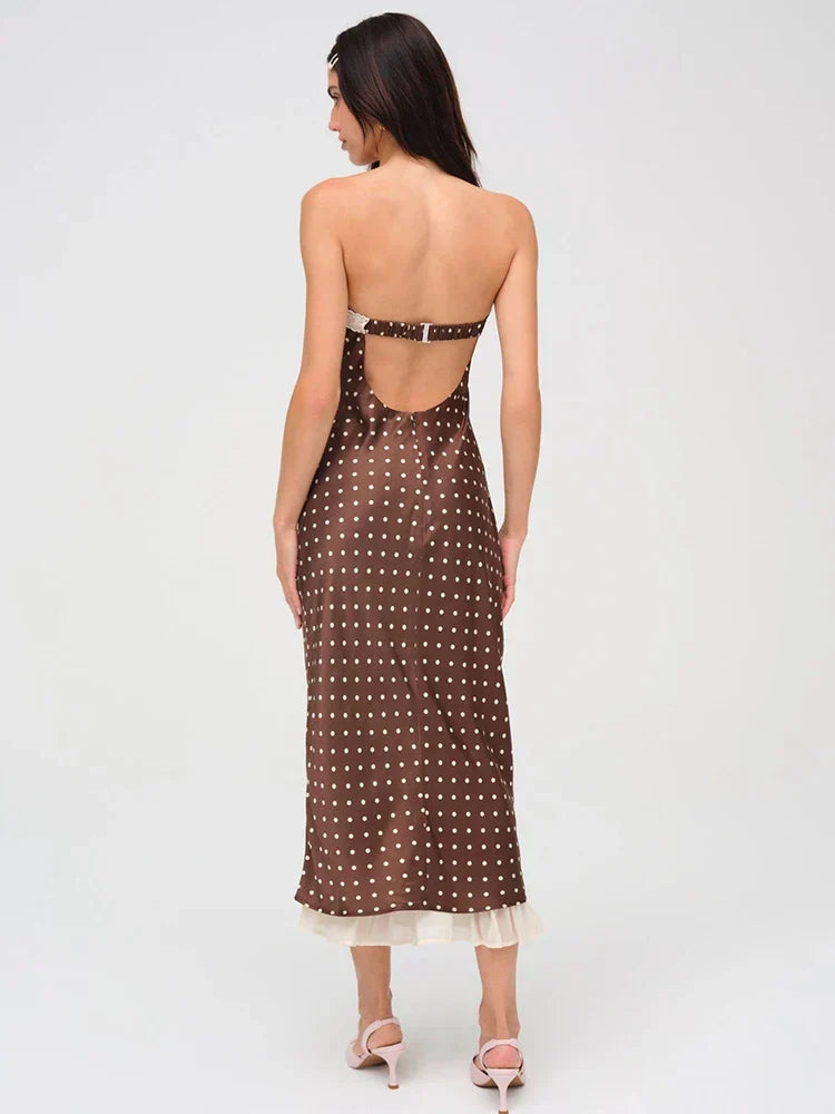 Polka Dot Strapless Lace Trim Bow Front Ruffle Hem Midi Dress 3
